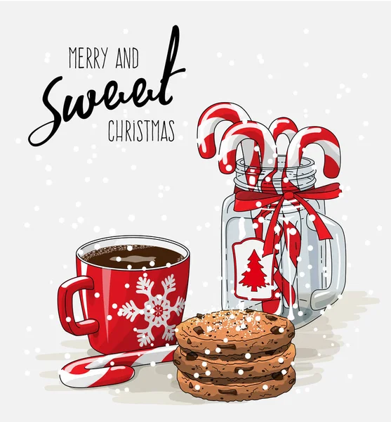 Christmas theme, red cup of coffee with red ribbon, stack of cookies and candy canes in glass jar, illustration — Stock Vector