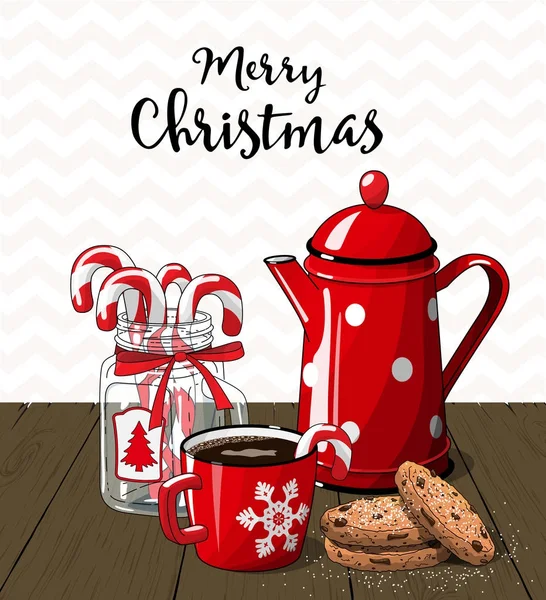 Panela de café vintage vermelho com xícara. jarra de vidro com bengalas doces e biscoitos em madeira marrom, com texto Feliz Natal, ilustração em estilo country —  Vetores de Stock