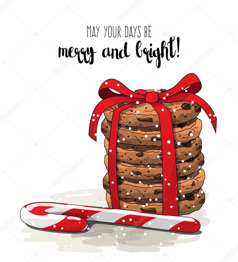 Christmas theme, stack of cookies an one candy cane, illustration