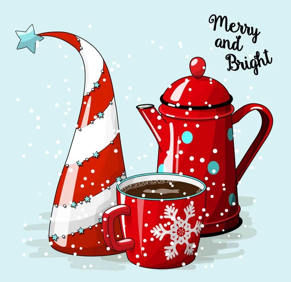 Motivo sazonal, árvore de Natal abstrata. xícara vermelha de café e panela de chá vintage, com texto alegre e brilhante, ilustração vetorial —  Vetores de Stock