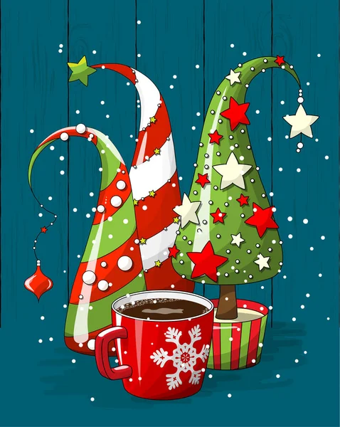 Grupo de árboles de Navidad abstractos y taza de café, motivo de vacaciones, ilustración — Archivo Imágenes Vectoriales