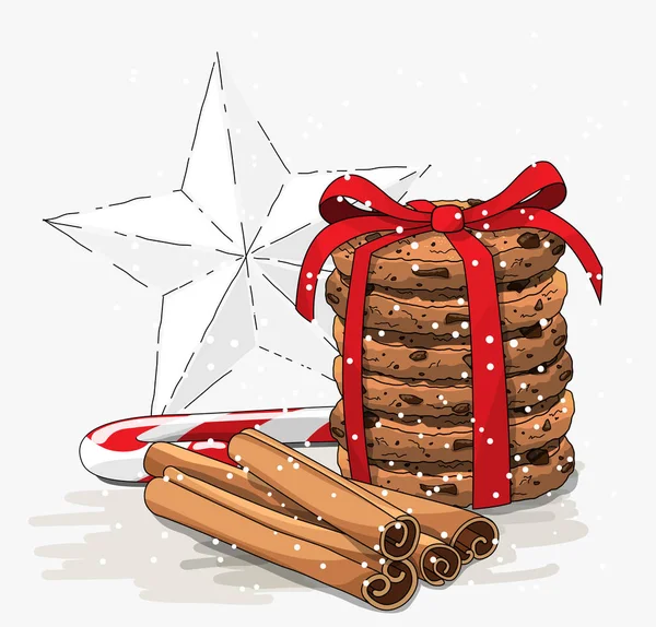 Tema estacional, pila de galletas marrones, bastón de caramelo de Navidad, palitos de canela y estrella blanca abstracta, ilustración — Vector de stock