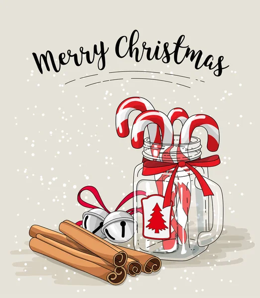 Bodegón de Navidad, bastones de caramelo en tarro de cristal, canela y campanas de jingle con texto Feliz Navidad, ilustración — Vector de stock