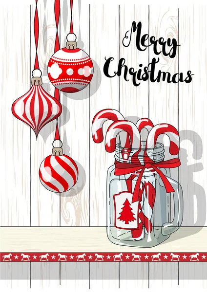 Holidays motive, Christmas decorations with vintage glass jar and candy canes, illustration — Stock Vector