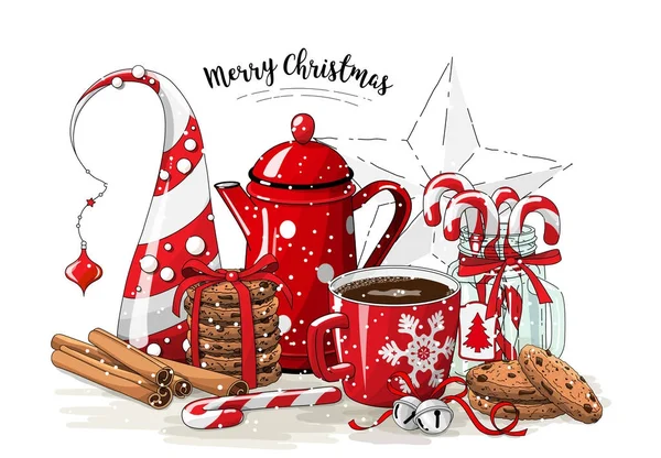 Konvice na čaj-zátiší, červené Vánoce, kuliové, abstraktní vánoční strom, skleněná dóza s candy hole, tyčinky skořice, šálek kávy a jingle bells na bílém pozadí, obrázek — Stockový vektor