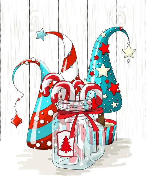 Grupo de árboles de Navidad abstractos y frasco de vidrio con bastones de caramelo, motivo de vacaciones, ilustración — Vector de stock