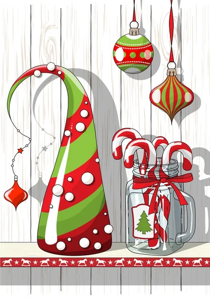 Motywem święta, Dekoracje świąteczne z drzewa stożek streszczenie i szkła słoik z laski cukierki, ilustracja — Wektor stockowy