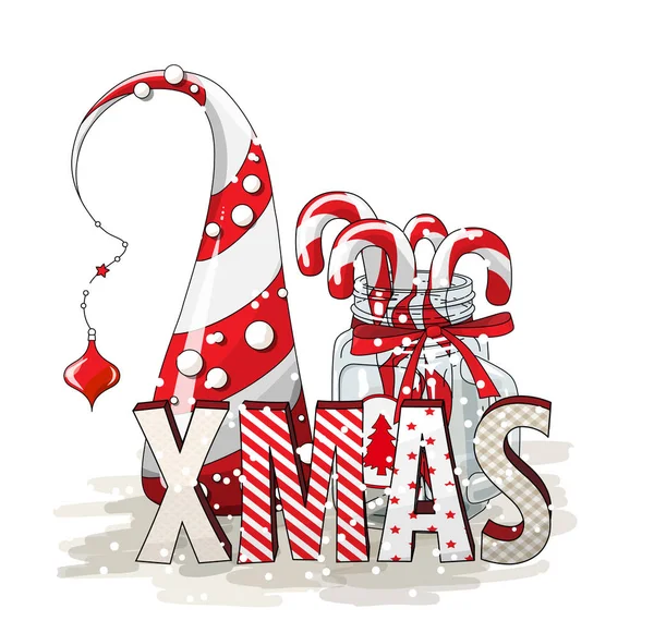 Motivo de vacaciones, letras XMAS con árbol de cono abstracto y tarro de vidrio con bastones de caramelo, ilustración — Vector de stock