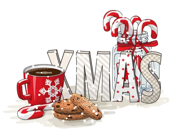 Vakantie motief, letters Xmas, glazen pot met snoep stokken, rode kop van koffie en chocolade cookies, illustratie — Stockvector