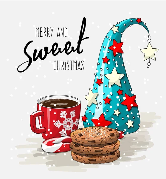 Tema de las vacaciones de invierno, taza roja de café con un montón de galletas, bastón de caramelo y árbol de Navidad abstracto, ilustración — Archivo Imágenes Vectoriales