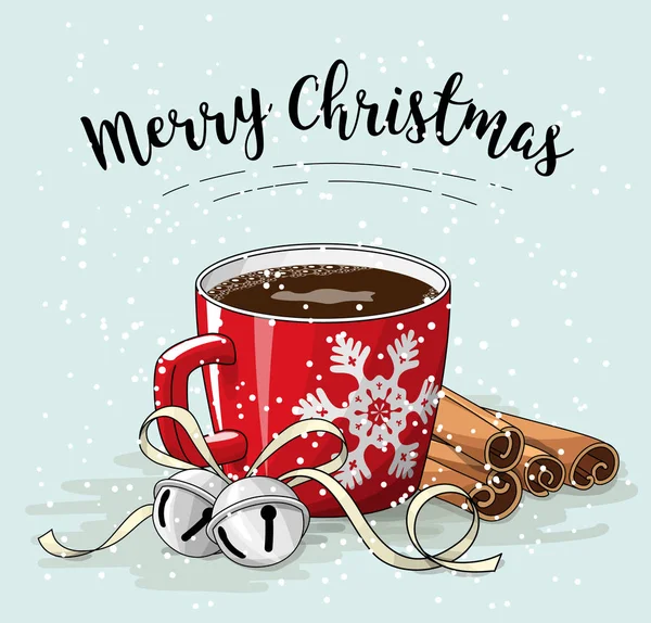 Red cup of coffee with cinnamon and jingle bells, christmas illustration — Stock Vector