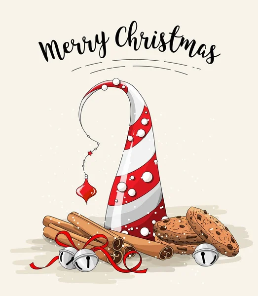 Bodegón de Navidad, galletas marrones, árbol de navidad abstracto, palitos de canela y campanas de jingle sobre fondo blanco, ilustración — Vector de stock