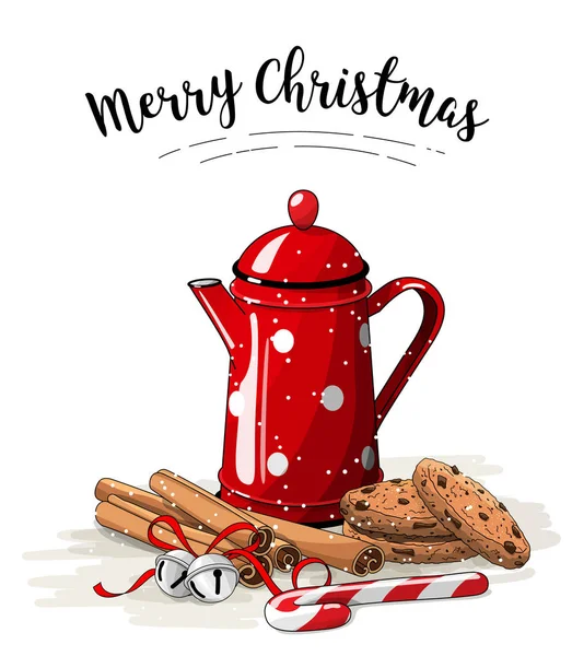 Konvice na čaj-zátiší, červené Vánoce, hnědá cukroví, tyčinky skořice a rolničky na bílém pozadí, obrázek — Stockový vektor