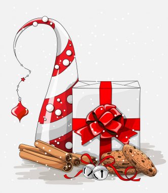 Noel hala hayat, beyaz hediye kutusu ile büyük kırmızı kurdele, tanımlama bilgileri, tarçın ve jingle bells ve soyut chritmas ağaç, illüstrasyon