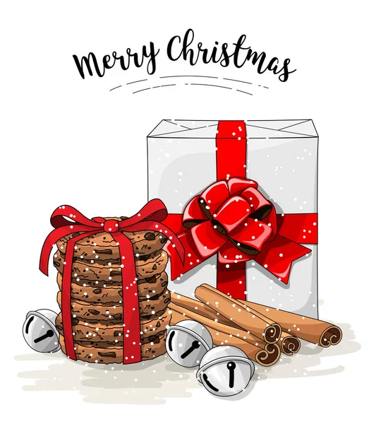 Bodegón de Navidad, caja de regalo blanca con gran cinta roja, pila de galletas marrones, campanas de canela y jingle, ilustración — Vector de stock