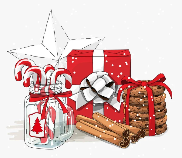 Natal ainda-vida, caixa de presente vermelho sagacidade fita branca, biscoitos, frasco de vidro com bastões de doces e paus de canela no fundo branco, ilustração —  Vetores de Stock