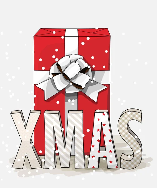 Coffret cadeau rouge avec grand ruban blanc et lettres XMAS, illustration de Noël — Image vectorielle