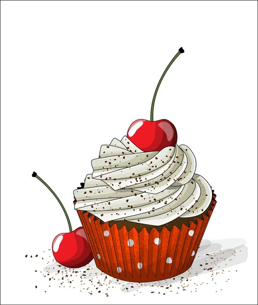 Cupcake with white cream and cherry on white background, illustration — Stock Vector