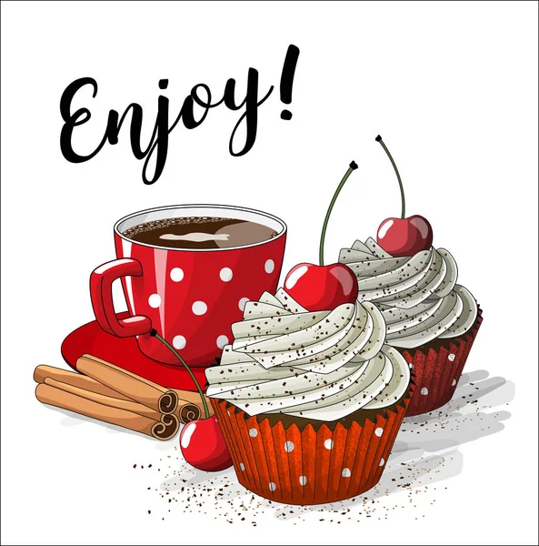 Taza roja de café con dos cupcakes y cuatro palitos de canela, ilustración — Vector de stock