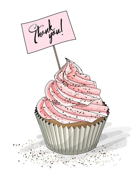 Cupcake med rosa grädde och topper plocka med text tack på vit bakgrund, illustration — Stock vektor
