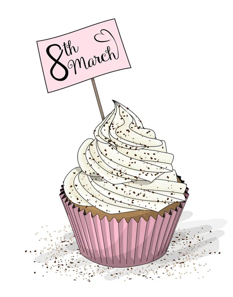Cupcake con crema bianca e topper pick con testo 8 marzo su sfondo bianco, illustrazione — Vettoriale Stock
