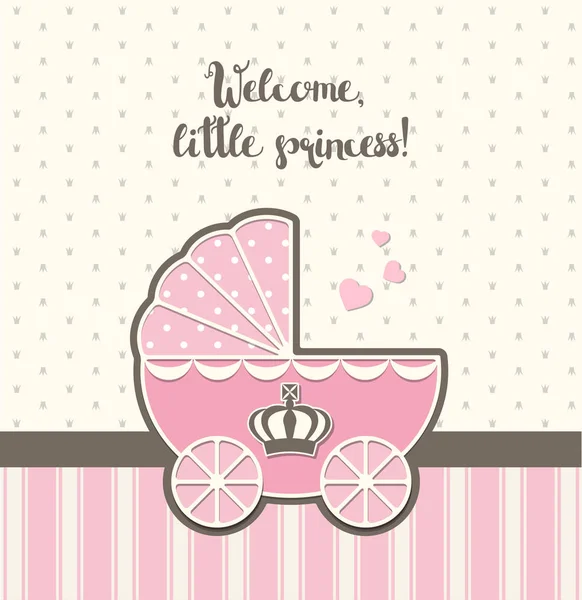 Chuveiro do bebê, carrinho vintage rosa com coroa real, ilustração — Vetor de Stock