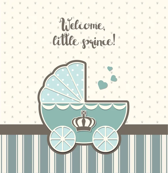 Douche bébé, poussette vintage bleue avec couronne royale, illustration — Image vectorielle
