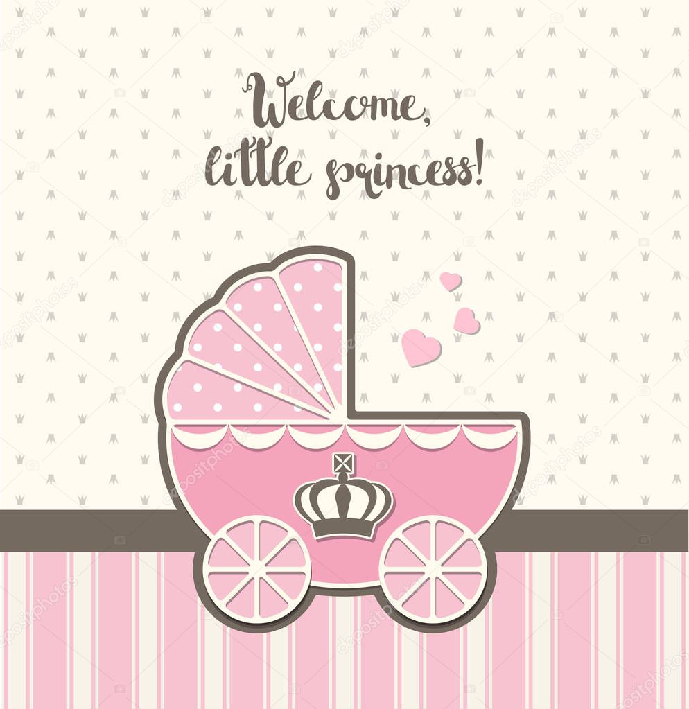 baby shower, pink vintage stroller with royal crown , illustration