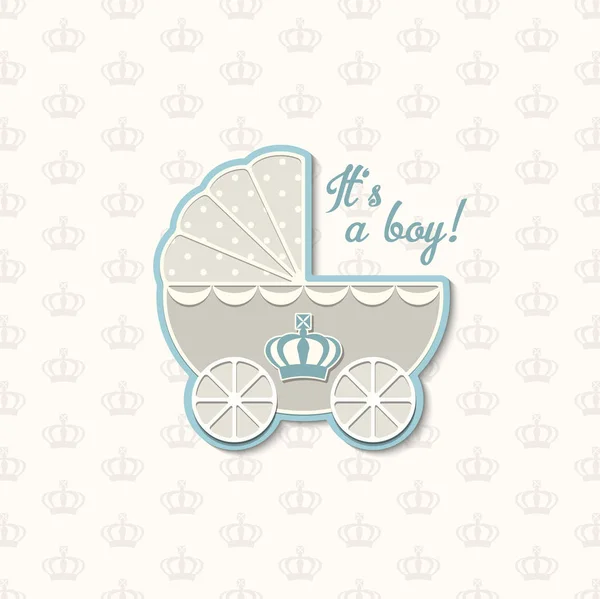 Baby shower con corona reale e passeggino vintage blu, illustrazione — Vettoriale Stock