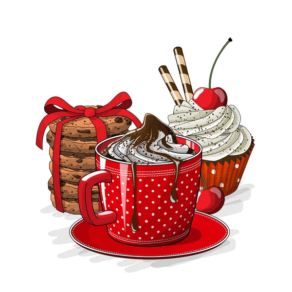 一杯のコーヒー、ケーキ、クッキーのイラスト — ストックベクタ