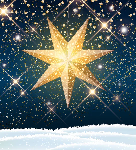 Gwiazda Bożego Narodzenia latarnia w stylu skandynawskim z gwiezdnym pyłem na błękitnym niebie, ilustracja — Wektor stockowy