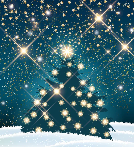 Kerstboom met veel licht in de nacht winterlandschap, illustratie — Stockvector