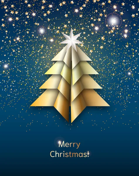 Origami vánoční stromek s hvězdným prachem na tmavě modré obloze, ilustrace — Stockový vektor