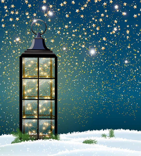 Vánoční lucerna s LED provázkem s hvězdami na tmavě modré obloze, ilustrace — Stockový vektor