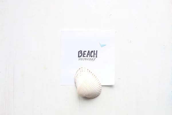 Konst Beach semester koncept, text och seashell — Stockfoto
