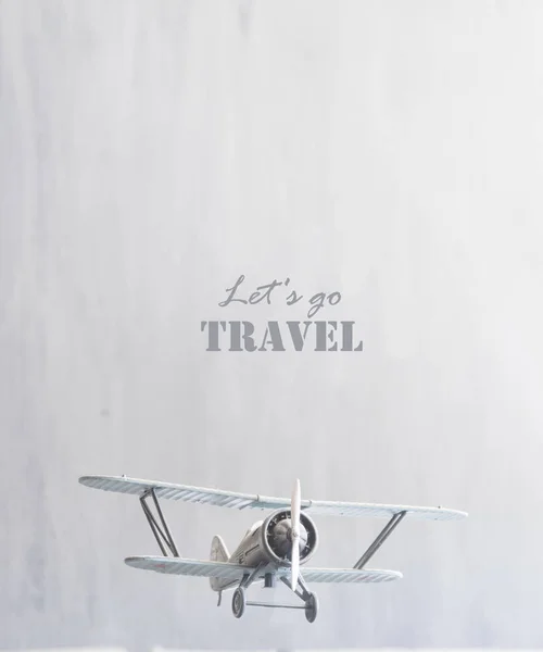 Lets go travel text and retro plane, vacation idea