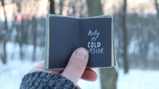 Baby seine Kälte draußen. Buch und handgeschriebener Winterurlaub Schriftzug. — Stockvideo
