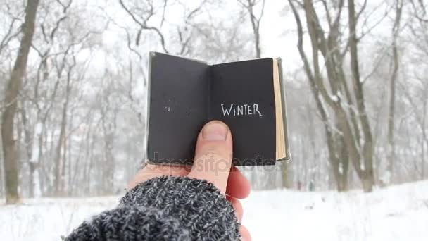 Winter belettering. Vintage boek met inscriptie. — Stockvideo