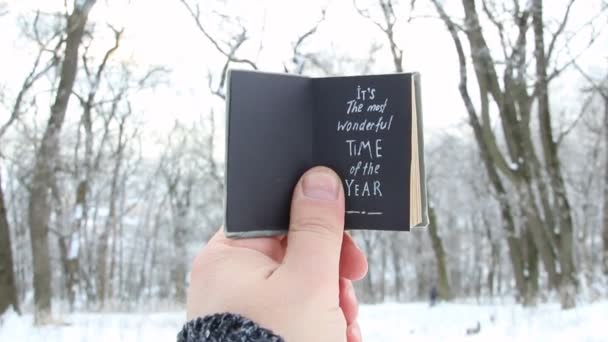 Es la época más maravillosa del año. Hombre sosteniendo un libro con texto sobre el fondo del bosque invernal nevado — Vídeo de stock