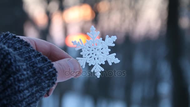 Frost, snow, snowfall or winter idea, man holding a snowflake — Stock Video