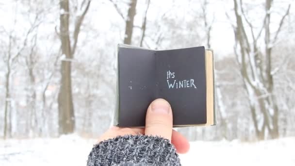 Het idee van de winter - retro boek met inscriptie. — Stockvideo