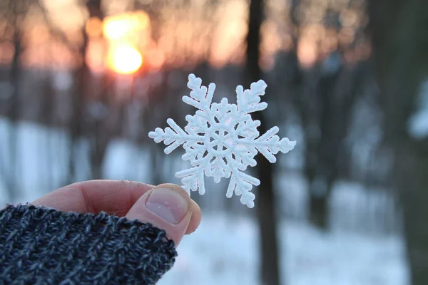 Vinter glädje koncept, handen håller en snöflinga — Stockfoto
