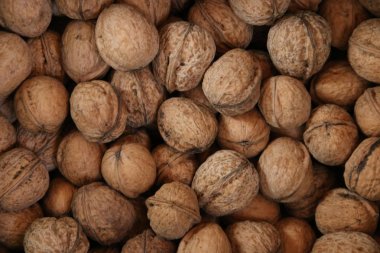 Ceviz. Sağlıklı organik gıda kavramı. Üstten Görünüm. Arka plan için bulanık fotoğraf.