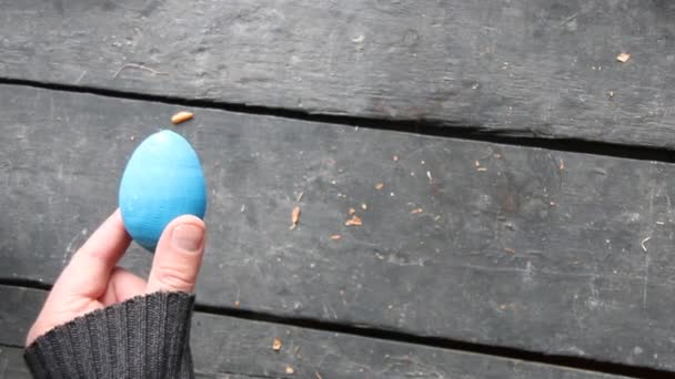 Mão segurando um ovo de Páscoa, espaço de cópia — Vídeo de Stock