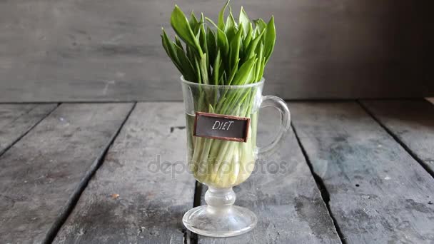 Idea de dieta. Ajo de madera sobre mesa vintage y etiqueta . — Vídeos de Stock