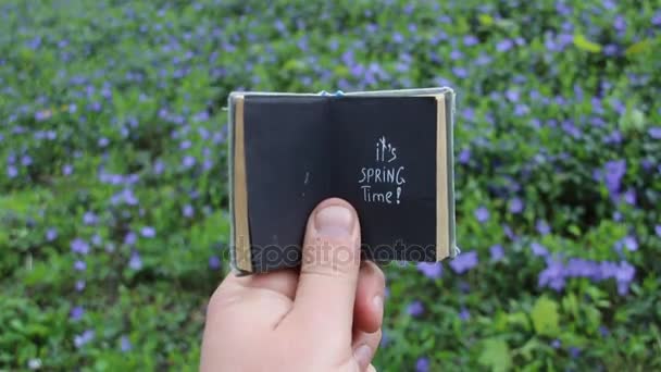 Dess våren, bok med text och våren fält med blå blommor — Stockvideo