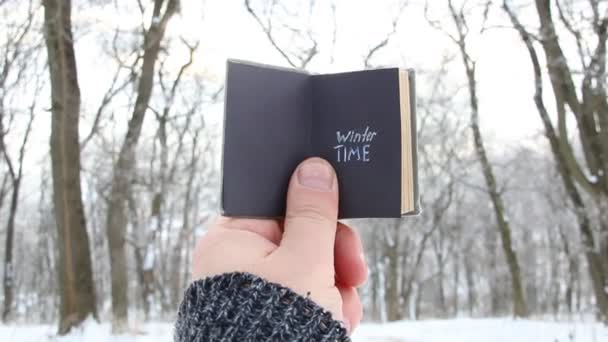 Идея зимнего времени, рука держит книгу с текстом на фоне зимнего парка — стоковое видео