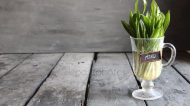Menü. Ahşap sarımsak vintage tablo ve etiket. Kopya alanı.