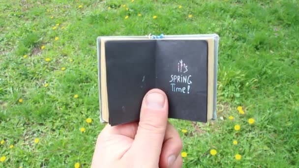 E 'primavera. Testo in un libro sullo sfondo di erba e fiori — Video Stock