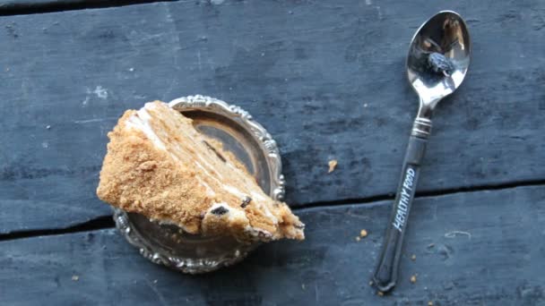 Healthy food concept, cake and spoon on rustic wooden table — Stock Video